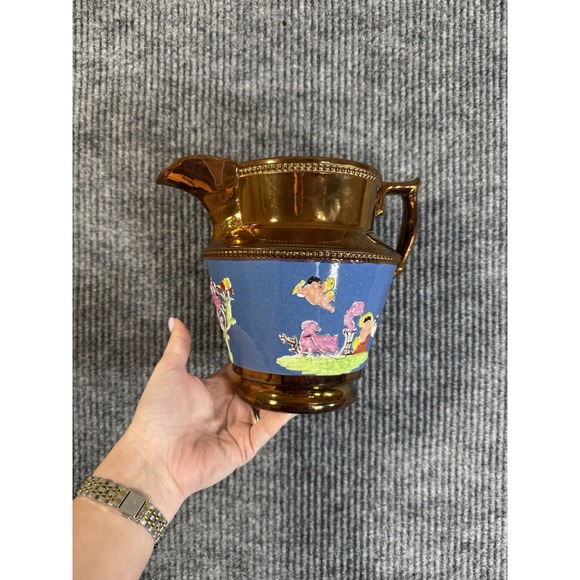 English Staffordshire copper luster Hand Painted Ceramic Pitcher Cherub Chariot - Picture 10 of 11